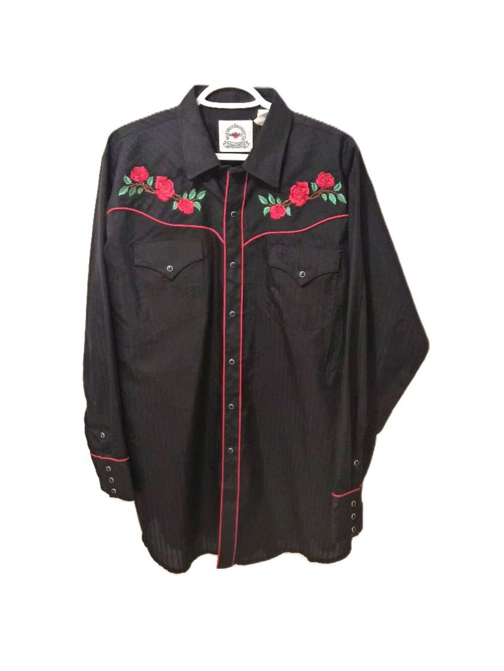 VTG Western Shirt Red Rose Embroidery Rockability Cowboy Yellowstone Ranchwear